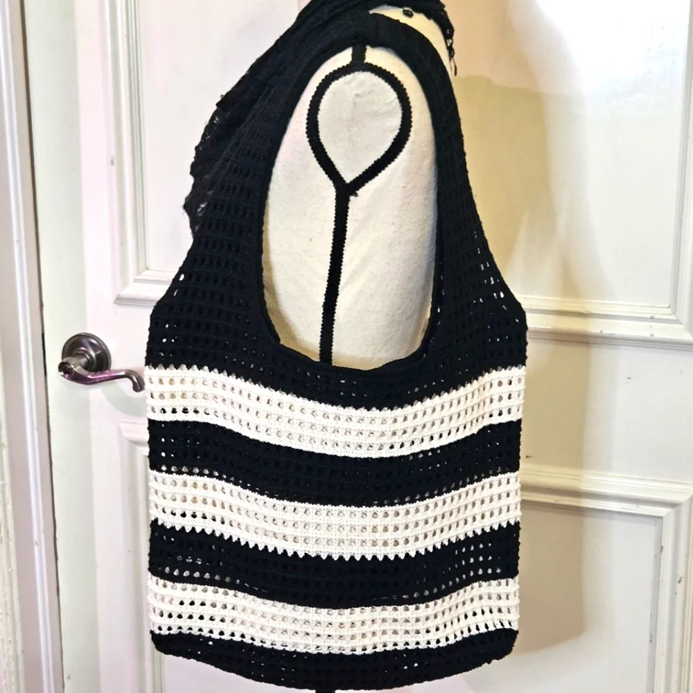 Hobo Black/Cream Stripe Crochet Knit Bohemian Tote Handbag,Large,NWOT